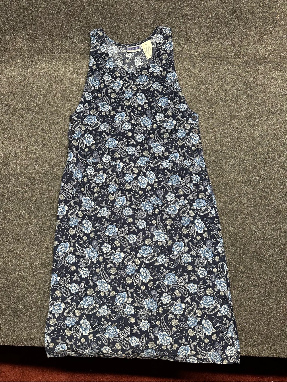 Vintage Erika & Co Overall Dress Small Blue Paisley Corduroy Floral Midi Jumper